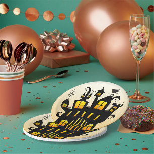 Assiettes En Carton Maison hantée Halloween Silhouette Pleine Lune