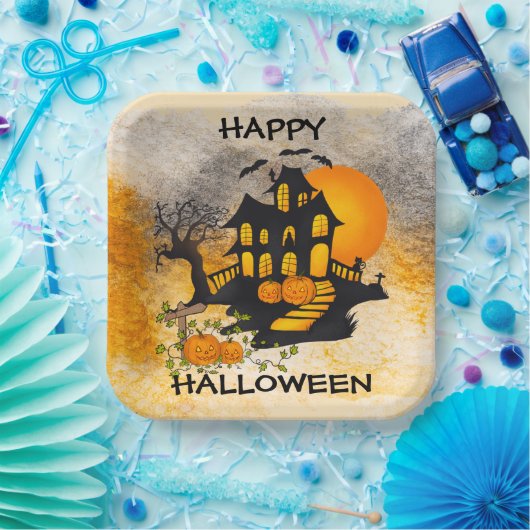 Assiettes En Carton Maison hantée Jack O'lanternes, Chat noir, chauves (Fête)