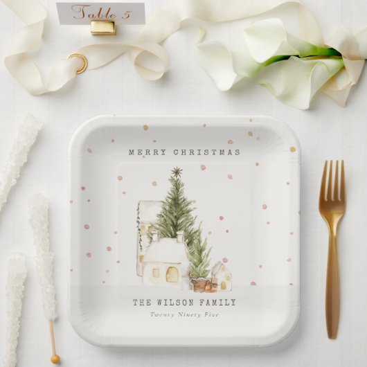 Assiettes En Carton Maisons de neige blanches Joyeux voeux de Noël (Mariage)