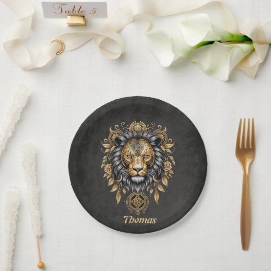 Assiettes En Carton Majestic tête de lion doré avec crinière noire. (Mariage)