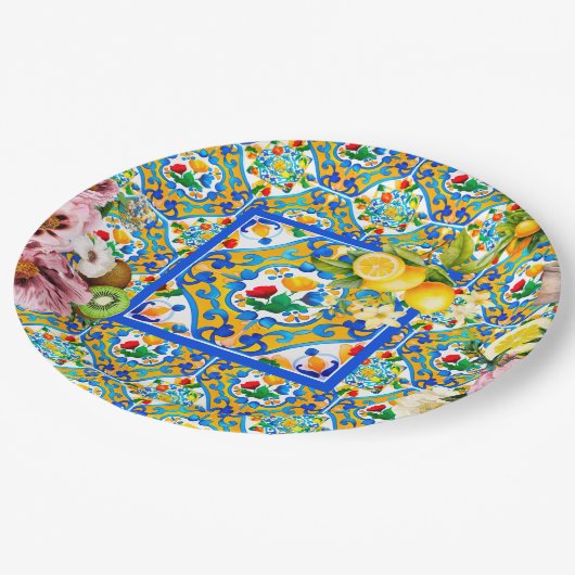 Assiettes En Carton Majolica, citron, carreaux siciliens, (Angle)