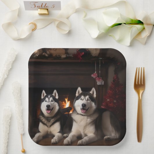 Assiettes En Carton Malamute en Alaska près de la cheminée Noël (Mariage)