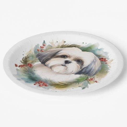 Assiettes En Carton Malti Tzu Christmas Wreath Festive Pup (Angle)