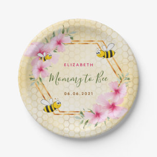Assiettes En Carton Maman à abeilles baby shower fleur rose nid d'abei
