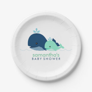 Assiettes En Carton Maman et Baby Whale Baby shower {green}