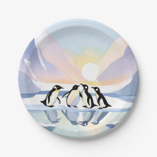 Assiettes En Carton Manchots Hiver Aquarelle Neige et Glace Mignons