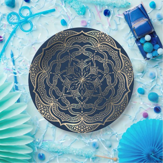 Assiettes En Carton Mandala Art Boho Elegant Gold Navy Bleu Noël (Fête)