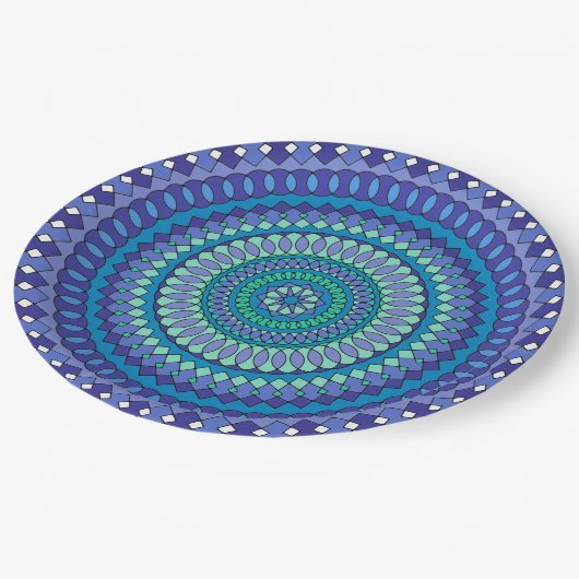Assiettes En Carton Mandala bleu turquoise et turquoise motif classiqu (Angle)