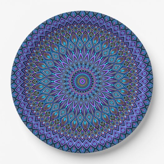 Assiettes En Carton Mandala Boho Bleu Turquoise violet Peacock Vibrant (Devant)