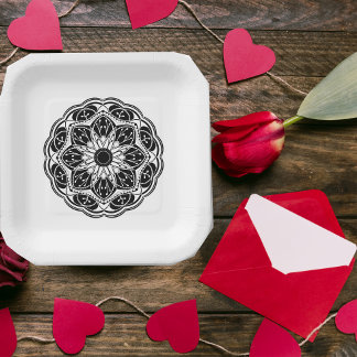 Assiettes En Carton Mandala carré floral noir et blanc