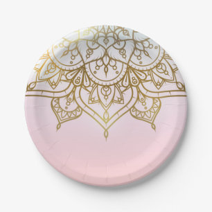Assiettes En Carton Mandala doré fête chic rose pêche glamour moderne