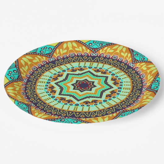 Assiettes En Carton Mandala indienne turquoise (Angle)