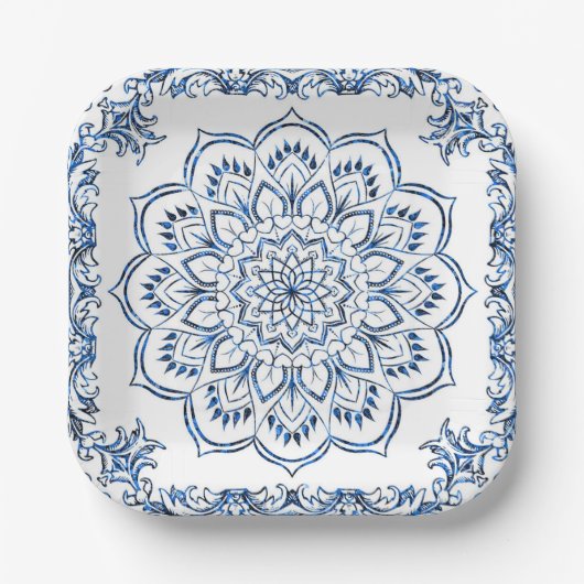 Assiettes En Carton Mandala métallique bleu élégant (Recto)
