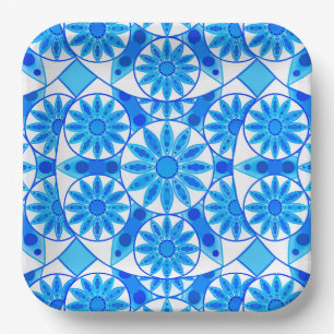 Assiettes En Carton Mandala motif, bleu cobalt, turquoise et blanche