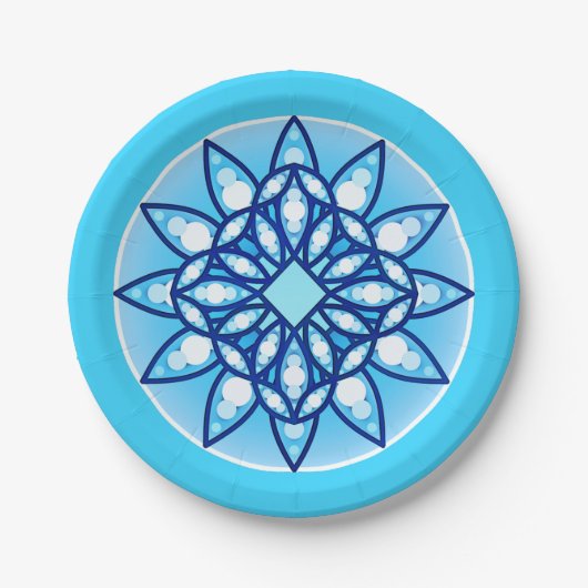 Assiettes En Carton Mandala motif en bleu turquoise, cobalt et blanc (Devant)