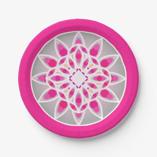 Assiettes En Carton Mandala motif en rose fushia, blanc et gris (Devant)