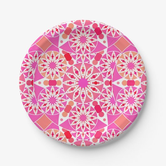 Assiettes En Carton Mandala motif, tons rose et corail (Devant)