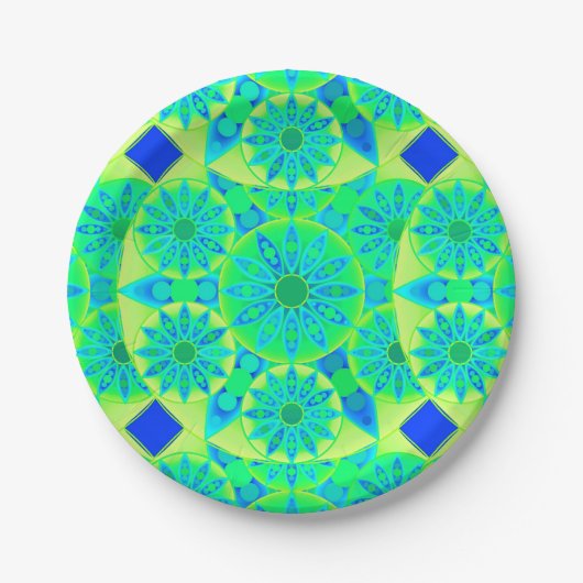 Assiettes En Carton Mandala motif, turquoise, bleue, vert citron (Devant)