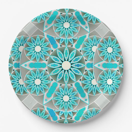 Assiettes En Carton Mandala motif, turquoise, gris argenté et blanc (Devant)