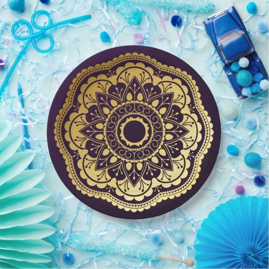 Assiettes En Carton Mandala or et violet (Fête)