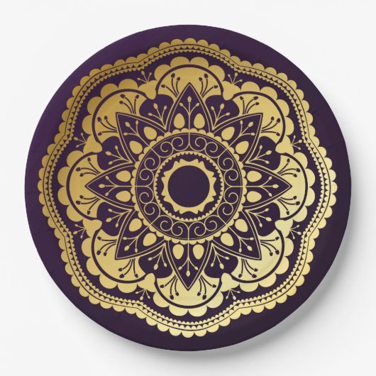 Assiettes En Carton Mandala or et violet (Devant)