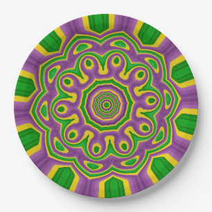 Assiettes En Carton Mandala pourpre jaune vert de motif de mardi gras