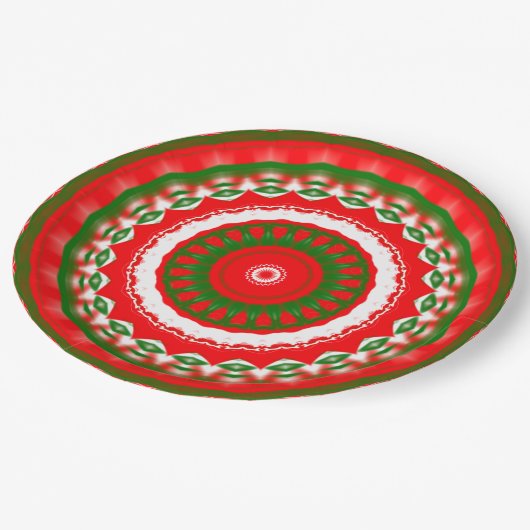 Assiettes En Carton Mandala rouge, blanc et vert (Angle)