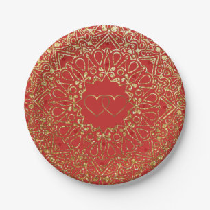 Assiettes En Carton Mandala rouge et or avec Plaques en papier coeur