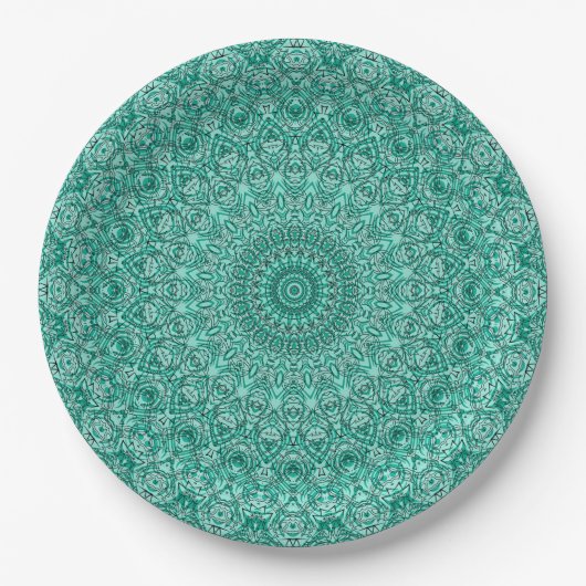 Assiettes En Carton Mandala turquoise avec symétrie complexe (Devant)