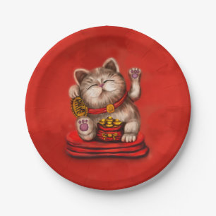 Assiettes En Carton Maneki-neko Chat Beckoning en rouge