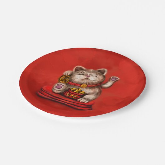 Assiettes En Carton Maneki-neko Chat Beckoning en rouge (Angle)