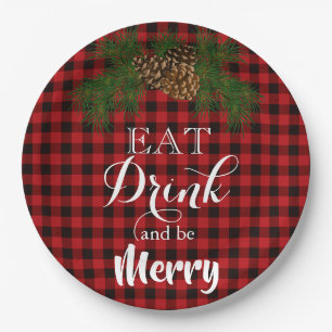 Assiettes En Carton Mangez Boire et être Joyeux, tartan rouge plaid bu