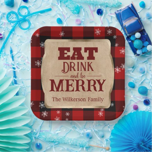 Assiettes En Carton Mangez Boire et Soyez Joyeux Rouge Rustique Plaid  (Fête)