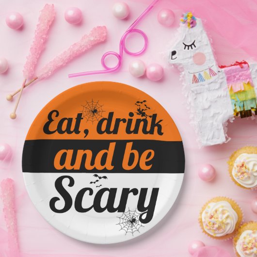 Assiettes En Carton Mangez, buvez et soyez effrayant orange Halloween (Fête)