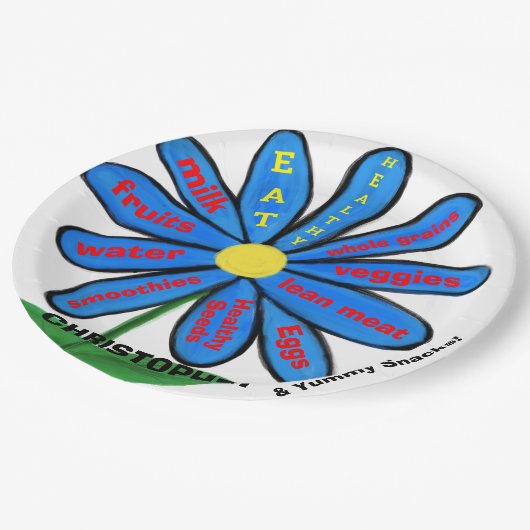 Assiettes En Carton Mangez Sain Bleu Faisceau Nom des enfants Floral (Angle)