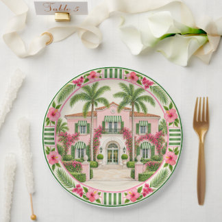 Assiettes En Carton Manoir Tropical Rose et Vert de Palm Beach Hibiscu