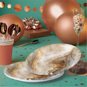 Assiettes En Carton Marbre abstrait blanc et or ivoire