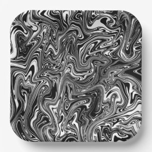 Assiettes En Carton Marbre Abstrait noir et blanc liquide