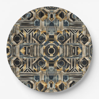 Assiettes En Carton Marbre Art-déco noir et or Géométrique jazzy