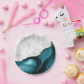 Assiettes En Carton Marbre blanc doré Turquoise Bleu Agate (Fête)