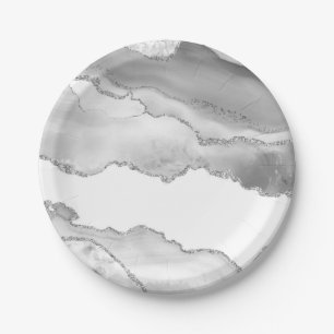 Assiettes En Carton Marbre Blanc Gris Agate Simple Paillettes Argentée
