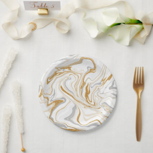 Assiettes En Carton Marbre blanc, or et gris comme des persiennes