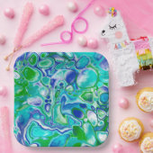 Assiettes En Carton Marbre bleu et vert Fluid Art Abstrait (Fête)