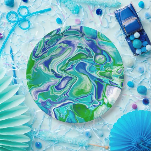 Assiettes En Carton Marbre bleu et vert Fluid Art Abstrait (Fête)