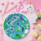 Assiettes En Carton Marbre bleu et vert Fluid Art Abstrait (Fête)