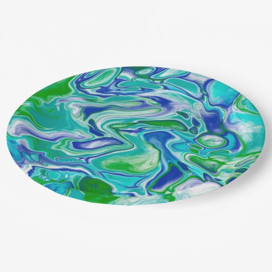 Assiettes En Carton Marbre bleu et vert Fluid Art Abstrait (Angle)