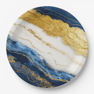 Assiettes En Carton Marbre bleu marine de luxe et feuille d'or