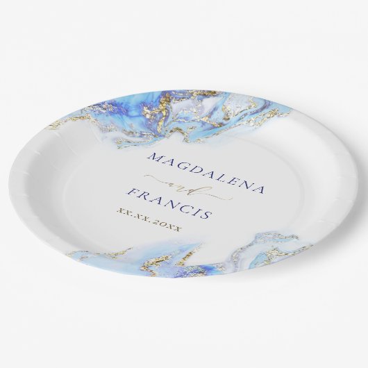 Assiettes En Carton marbre bleu rose mariage (Angle)