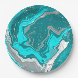 Assiettes En Carton Marbre bleu, Turquoise et turquoise Fluid Art