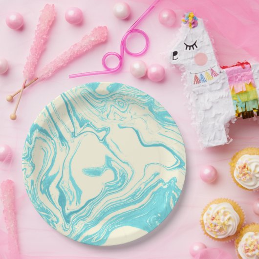 Assiettes En Carton Marbre cool design en Turquoise et Crème (Fête)